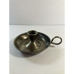 Vintage Candlestick Holder W/Finger Loop & Drip Tray Brass/Bronze 6" Diameter